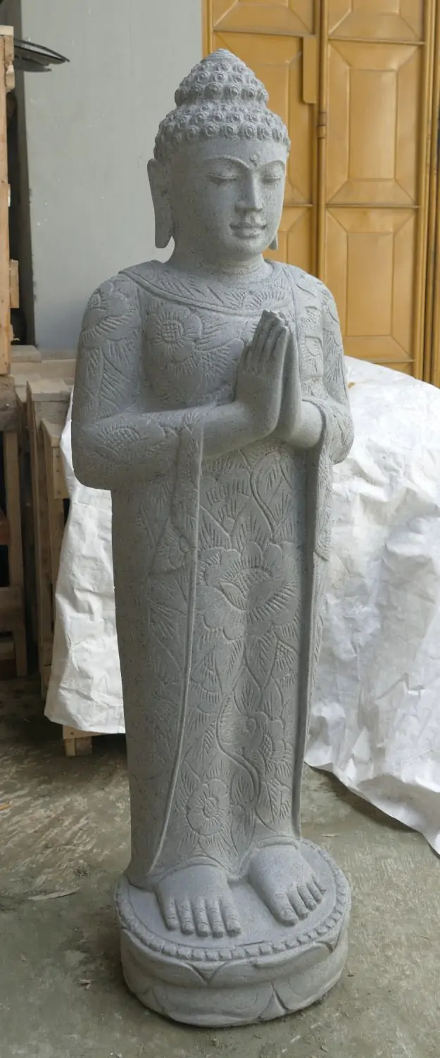  Product image 3 of the product “Standing Buddha with floral carving, Greeting position. 40 x 28 x 122m. Natural stone (river stone), stonemasonry ”